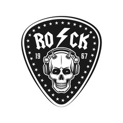 Guitar pick with skull in headphones music emblem