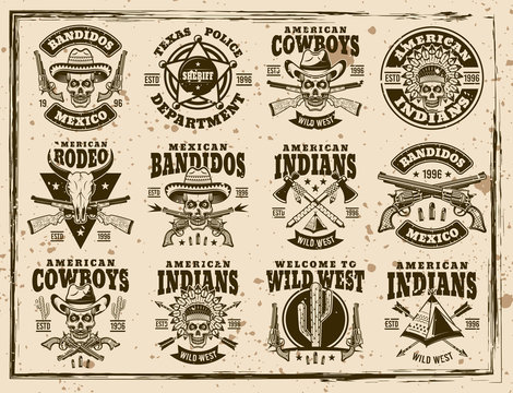 Western and wild west set of vector emblems