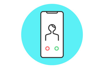 Icon of abstract smartphone with incoming call, green and red button icons. White phone in line graphic. Icon of phone isolated on a blue mint background. Vector Illustration