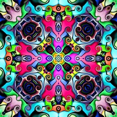 Computer graphics. Illustration of an abstract floral background, psychedelic symmetrical ornament....