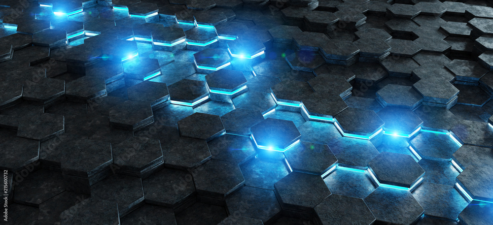 Poster Black and blue hexagons background pattern 3D rendering