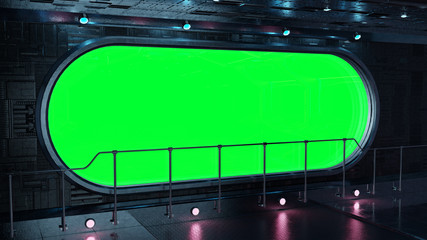 Black tech spaceship round window interior background 3D rendering