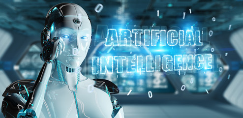 White cyborg woman using digital artificial intelligence text hologram 3D rendering