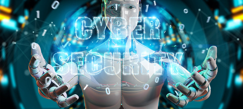 White humanoid using cyber security text hologram 3D rendering
