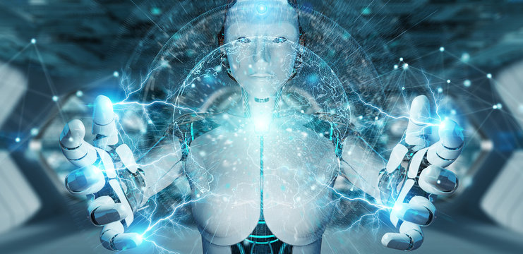 White woman cyborg using planet Earth interface 3D rendering
