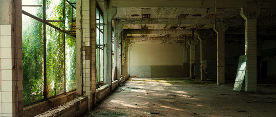 Intérieur industriel de l& 39 ancienne usine d& 39 appareils électroniques avec de grandes fenêtres et un sol vide. Intérieur à l& 39 intérieur d& 39 une usine abandonnée, envahie par la mousse verte et les plantes.