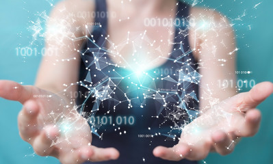 Businesswoman using digital binary code connection network 3D rendering