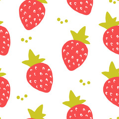 Fruit pattern with strawberry on white background. Ornament for textile and wrapping. Vector.