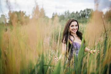 Beautiful girl with long brown hair in a purple dress in a field at sunset. Eastern appearance. oriental