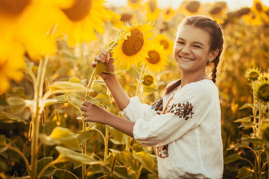 Cute child in a blossoming sunflower field