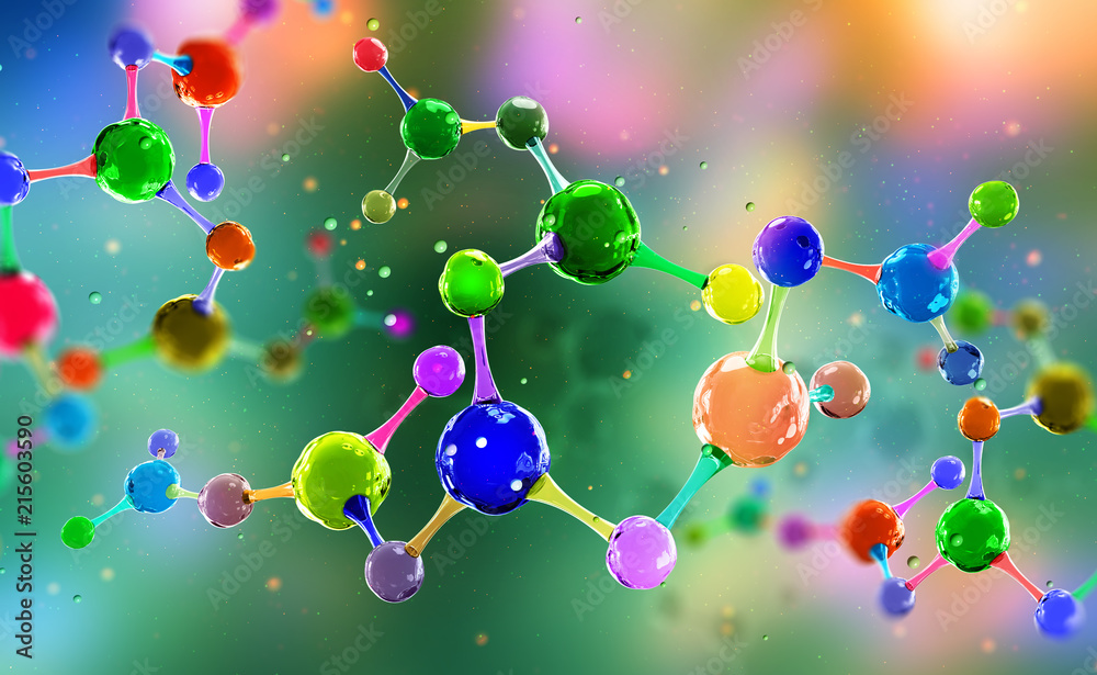 Aufkleber molecule 3d illustration. scientific breakthrough in the field of molecular synthesis. nanotechnolog