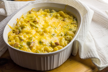 Pasta bake close up - Creamy macaroni, cheese, green pepper and bacon background