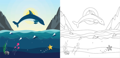 Sea coloring book for children with example of  painted image. The dolphin jumps out of the water on the background of sea landscape and mountains.  Seascape with the underwater world in the ocean. 
