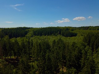 Aerial photography over the forest of Klåveröd in Sweden during summer (recreation area)