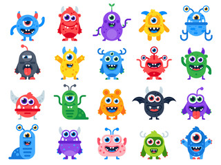 Cute cartoon monsters. Comic halloween joyful monster characters. Funny devil, ugly alien and smile creature flat vector set - obrazy, fototapety, plakaty