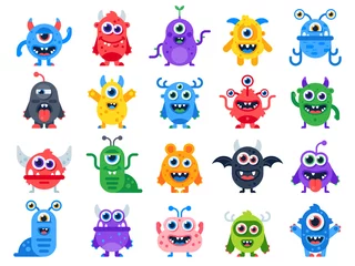 Meubelstickers Monster Leuke tekenfilmmonsters. Komische halloween vrolijke monsterkarakters. Grappige duivel, lelijke alien en glimlach schepsel platte vector set