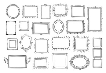 Hand drawn frames. Vintage doodle sketch picture frame. Blank black square cadre sketches painted by hands vector set - Powered by Adobe