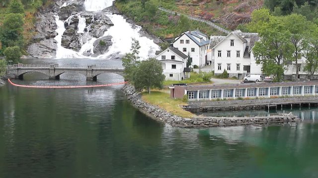 Gulf, settlement and falls on hillside. Hellesylt, Norway