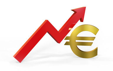 Increase in euro value concept, golden euro sign with a rising arrow, 3d illustration