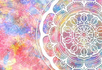 Abstract mandala graphic design and watercolor digital art painting for ancient geometric concept background