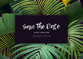 Floral wedding invitation with guzmania flowers, monstera and royal palm leaves. Exotic hawaiian vector background.