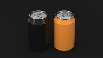Two small black and orange aluminum soda cans mockup on black background