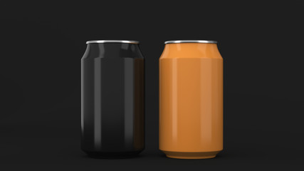 Two small black and orange aluminum soda cans mockup on black background