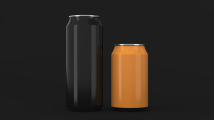 Big black and small orange aluminum soda cans mockup