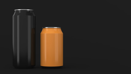 Big black and small orange aluminum soda cans mockup