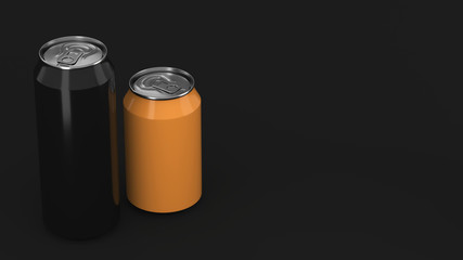 Big black and small orange aluminum soda cans mockup