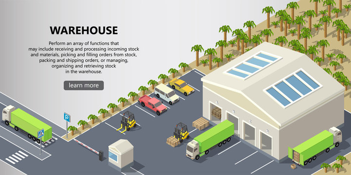 Vector isometric warehouse, delivery service illustration. Storage building with trucks ready for shipping, forklifts with cargo. Web page with button and space for text, logistics concept banner
