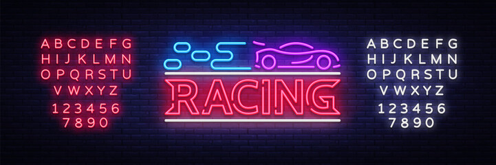 Obraz premium Racing sign vector design template. Street Racing neon text, light banner design element colorful modern design trend, night bright advertising, bright sign. Vector. Editing text neon sign