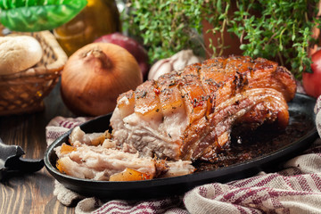 Still hot baked pork belly or bacon