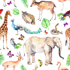 Wild animals and birds - zoo, wildlife - elephant, giraffe, deer, owl, parrot, other . Seamless pattern. Watercolor © zzorik