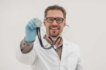 medical specialist, showing it with a stethoscope