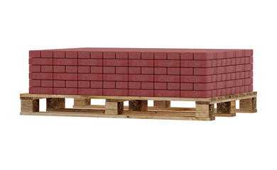 3D realistic render of red lock paving, placed on wooden palette. Isolated on white background.
