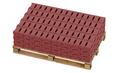 3D realistic render of red lock paving, placed on wooden palette. Isolated on white background.