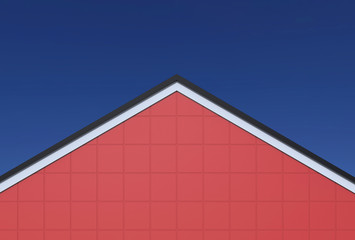 Fototapeta premium 3d rendering. red square pattern gable facade wall with black roof on blue sky background.