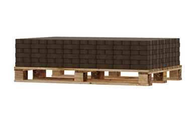 3D realistic render of brown lock paving, placed on wooden palette. Isolated on white background.