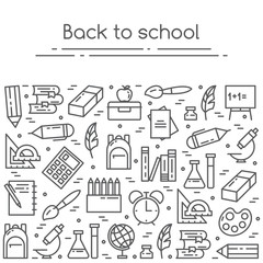 Back to school vector illustration banner with studying supplies in line art.