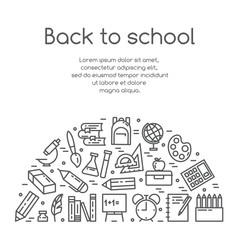 Back to school vector illustration banner with studying supplies in line art.