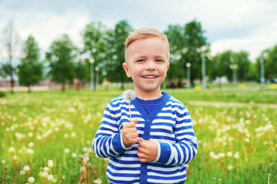 Happy kid standing in grass with dandelions. Portrait happy child outdoors in nature summer day, vacation. Emotion face little boy. Background green grass. Joyful childhood. Lifestyle.