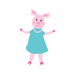 Piggy in dress. Cute funny piggy girl in dress