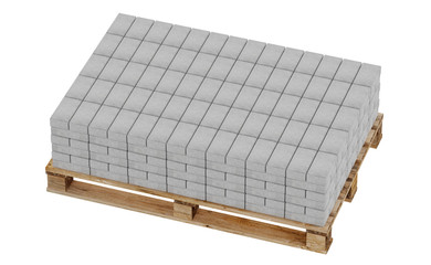 3D realistic render of grey lock paving, placed on wooden palette. Isolated on white background.