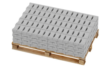 3D realistic render of grey lock paving, placed on wooden palette. Isolated on white background.