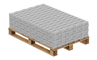 3D realistic render of grey lock paving, placed on wooden palette. Isolated on white background.