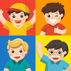 Set of Different Kids with various postures. Avatars of boys on colors background.