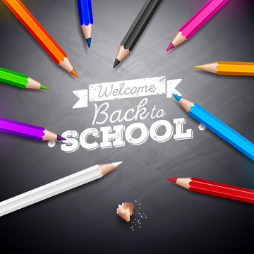 Back to school design with colorful pencil and chalk lettering on black chalkboard background. Vector illustration for greeting card, banner, flyer, invitation, brochure or promotional poster.