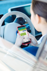 Online communication. Delighted nice woman typing a message while sitting in the car