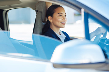 Pleasant activity. Happy cheerful woman smiling while enjoying driving